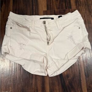 Black Label Light Cream Distressed Roll-Cuff Jean Shorts